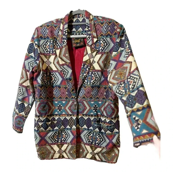 Circle T VTG Country Western Tapestry Aztec Blazer Jacket M Multicolor Cowboy - Picture 2 of 11